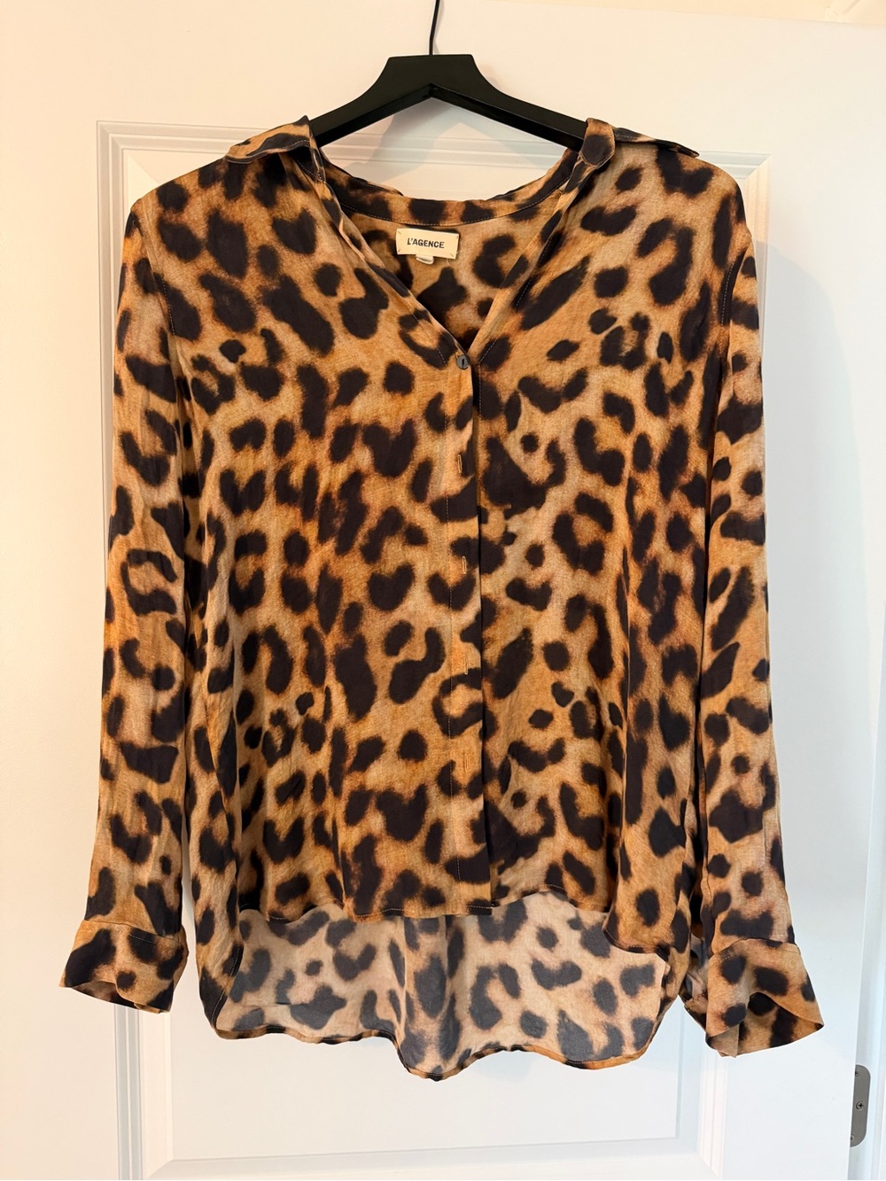 L'AGENCE Leopard Print Silk Blouse in Brown and Black